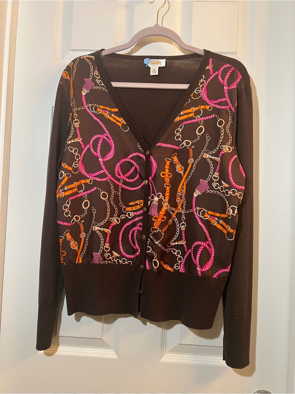 Talbots Brown Cardigan with Pink and Orange Chain Print